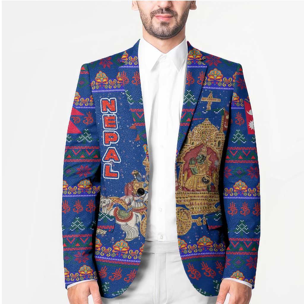 Nepal Christmas Blazer with Blue-Red Pattern, Hindu Chariot Scene, and Om Symbol Motif - Wonder Print Shop