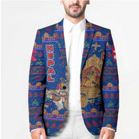 Nepal Christmas Blazer with Blue-Red Pattern, Hindu Chariot Scene, and Om Symbol Motif - Wonder Print Shop