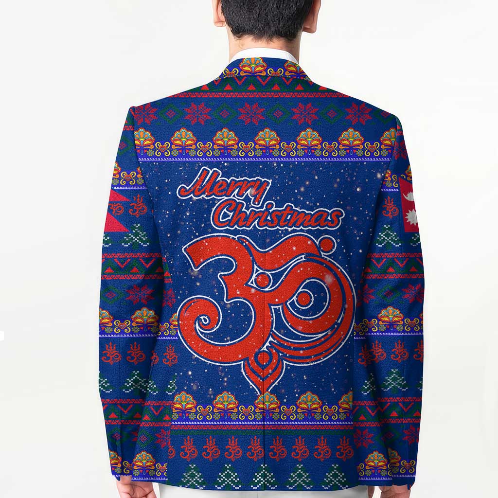 Nepal Christmas Blazer with Blue-Red Pattern, Hindu Chariot Scene, and Om Symbol Motif - Wonder Print Shop