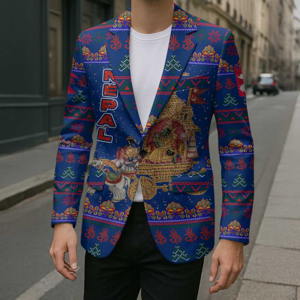 Nepal Christmas Blazer with Blue-Red Pattern, Hindu Chariot Scene, and Om Symbol Motif - Wonder Print Shop
