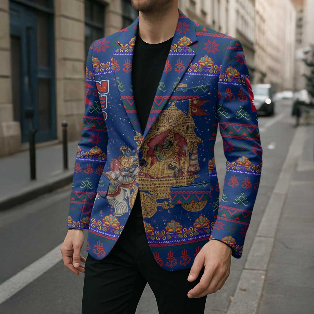 Nepal Christmas Blazer with Blue-Red Pattern, Hindu Chariot Scene, and Om Symbol Motif - Wonder Print Shop
