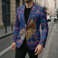 Nepal Christmas Blazer with Blue-Red Pattern, Hindu Chariot Scene, and Om Symbol Motif - Wonder Print Shop
