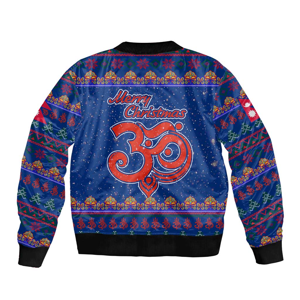Nepal Christmas Bomber Jacket with Blue-Red Pattern, Hindu Chariot Scene, and Om Symbol Motif - Wonder Print Shop