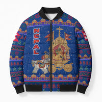 Nepal Christmas Bomber Puffer Jacket with Blue-Red Pattern, Hindu Chariot Scene, and Om Symbol Motif - Wonder Print Shop