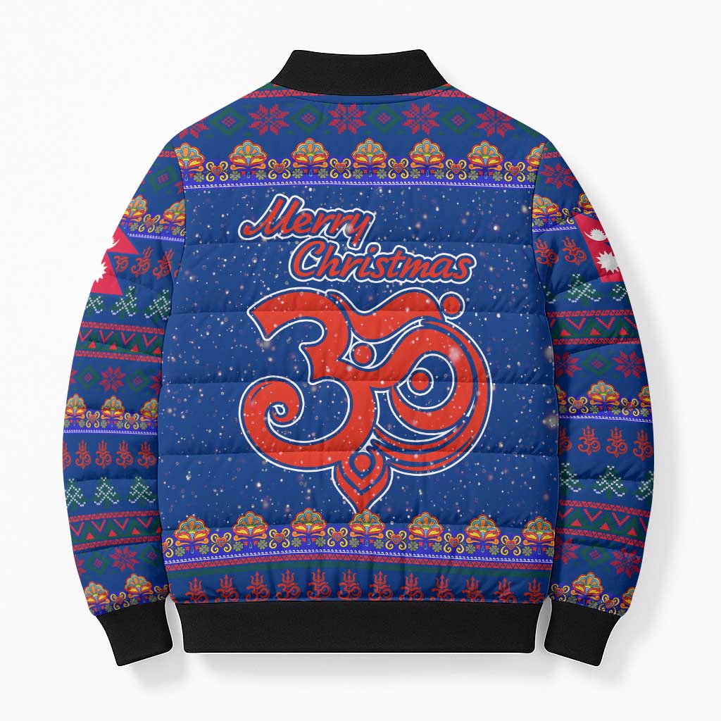 Nepal Christmas Bomber Puffer Jacket with Blue-Red Pattern, Hindu Chariot Scene, and Om Symbol Motif - Wonder Print Shop