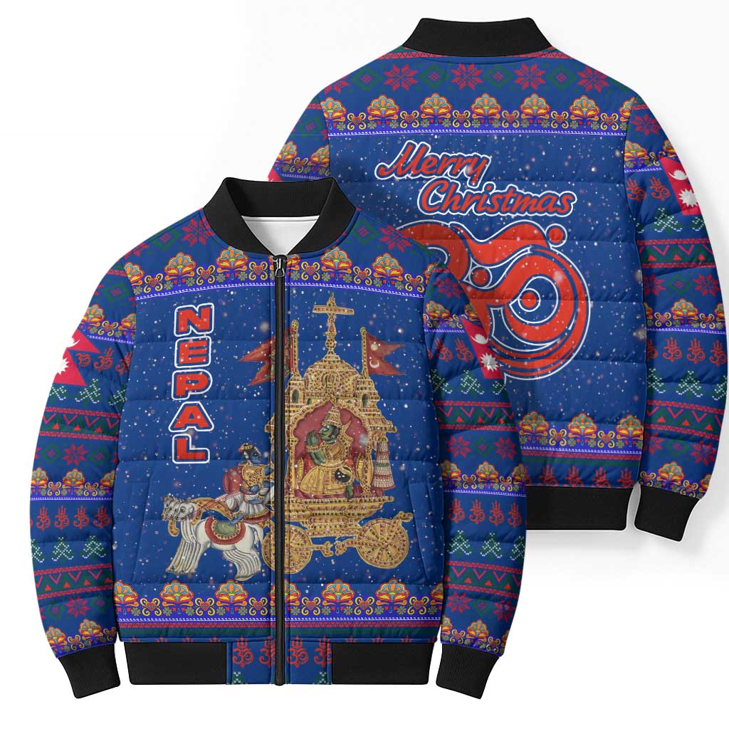 Nepal Christmas Bomber Puffer Jacket with Blue-Red Pattern, Hindu Chariot Scene, and Om Symbol Motif - Wonder Print Shop