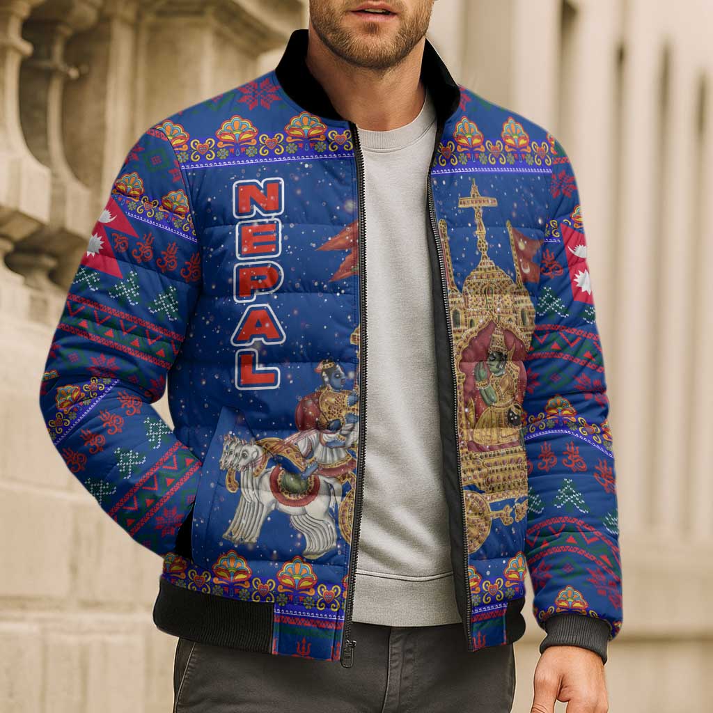 Nepal Christmas Bomber Puffer Jacket with Blue-Red Pattern, Hindu Chariot Scene, and Om Symbol Motif - Wonder Print Shop
