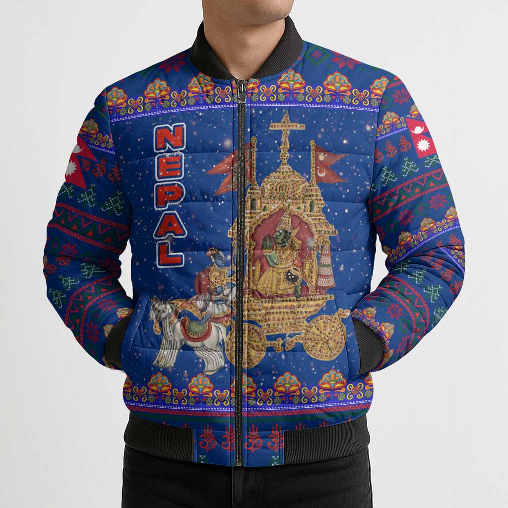 Nepal Christmas Bomber Puffer Jacket with Blue-Red Pattern, Hindu Chariot Scene, and Om Symbol Motif - Wonder Print Shop