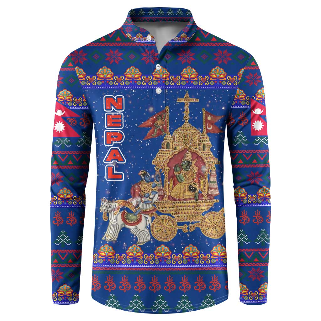Nepal Christmas Button Sweatshirt with Blue-Red Pattern, Hindu Chariot Scene, and Om Symbol Motif - Wonder Print Shop