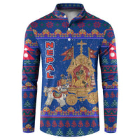 Nepal Christmas Button Sweatshirt with Blue-Red Pattern, Hindu Chariot Scene, and Om Symbol Motif - Wonder Print Shop