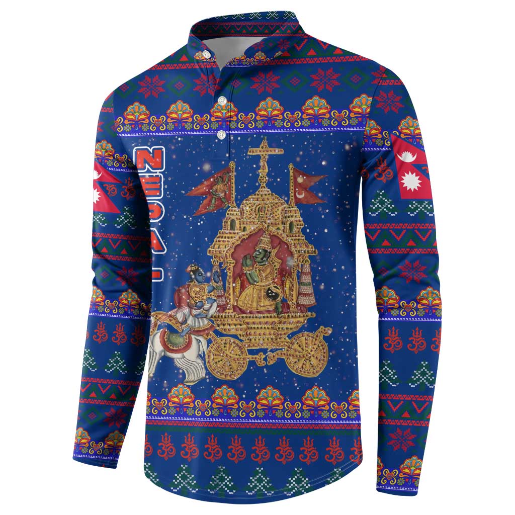 Nepal Christmas Button Sweatshirt with Blue-Red Pattern, Hindu Chariot Scene, and Om Symbol Motif - Wonder Print Shop