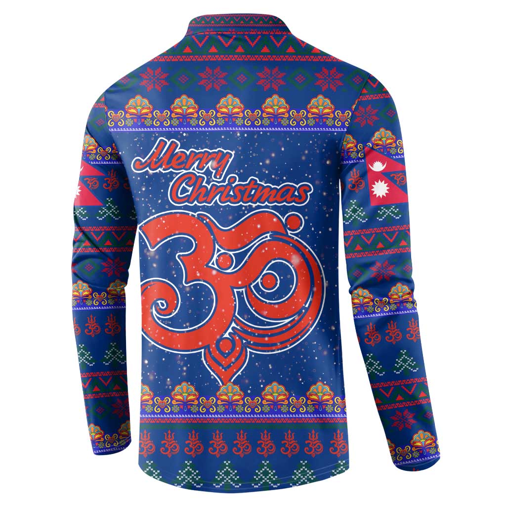 Nepal Christmas Button Sweatshirt with Blue-Red Pattern, Hindu Chariot Scene, and Om Symbol Motif - Wonder Print Shop