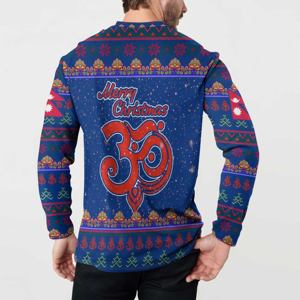 Nepal Christmas Button Sweatshirt with Blue-Red Pattern, Hindu Chariot Scene, and Om Symbol Motif - Wonder Print Shop