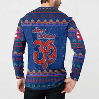 Nepal Christmas Button Sweatshirt with Blue-Red Pattern, Hindu Chariot Scene, and Om Symbol Motif - Wonder Print Shop