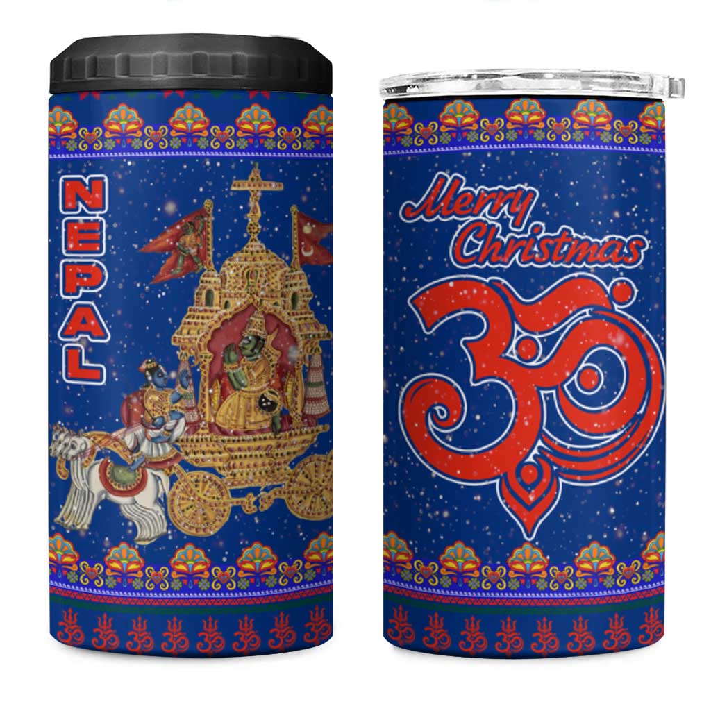 Nepal Christmas 4 in 1 Can Cooler Tumbler with Blue-Red Pattern, Hindu Chariot Scene, and Om Symbol Motif - Wonder Print Shop