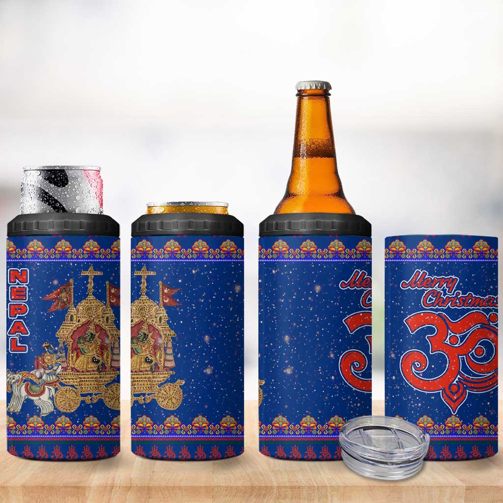 Nepal Christmas 4 in 1 Can Cooler Tumbler with Blue-Red Pattern, Hindu Chariot Scene, and Om Symbol Motif - Wonder Print Shop