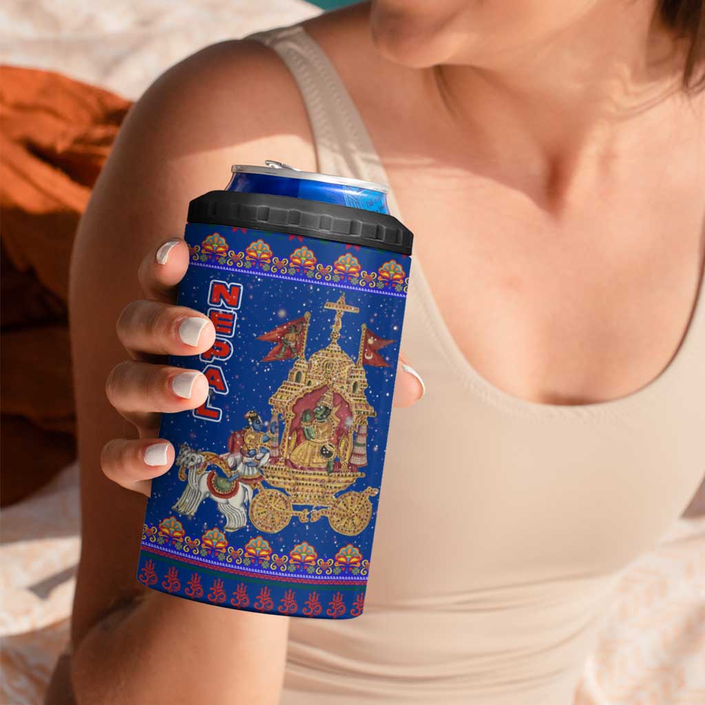 Nepal Christmas 4 in 1 Can Cooler Tumbler with Blue-Red Pattern, Hindu Chariot Scene, and Om Symbol Motif - Wonder Print Shop