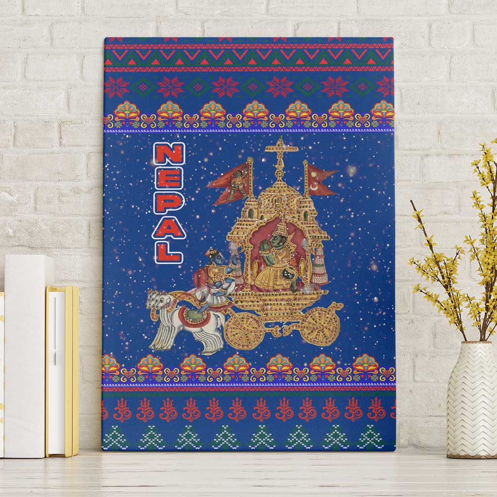 Nepal Christmas Canvas Wall Art with Blue-Red Pattern, Hindu Chariot Scene, and Om Symbol Motif - Wonder Print Shop