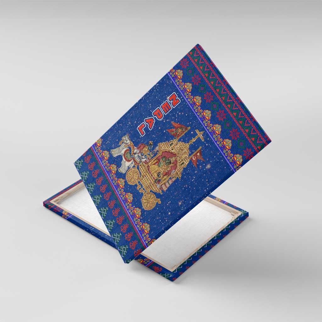 Nepal Christmas Canvas Wall Art with Blue-Red Pattern, Hindu Chariot Scene, and Om Symbol Motif - Wonder Print Shop