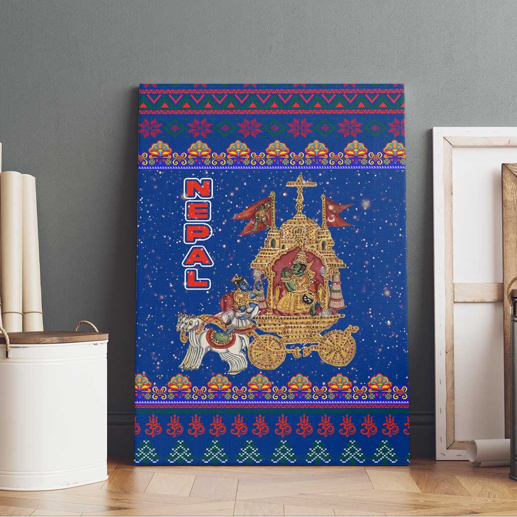 Nepal Christmas Canvas Wall Art with Blue-Red Pattern, Hindu Chariot Scene, and Om Symbol Motif - Wonder Print Shop