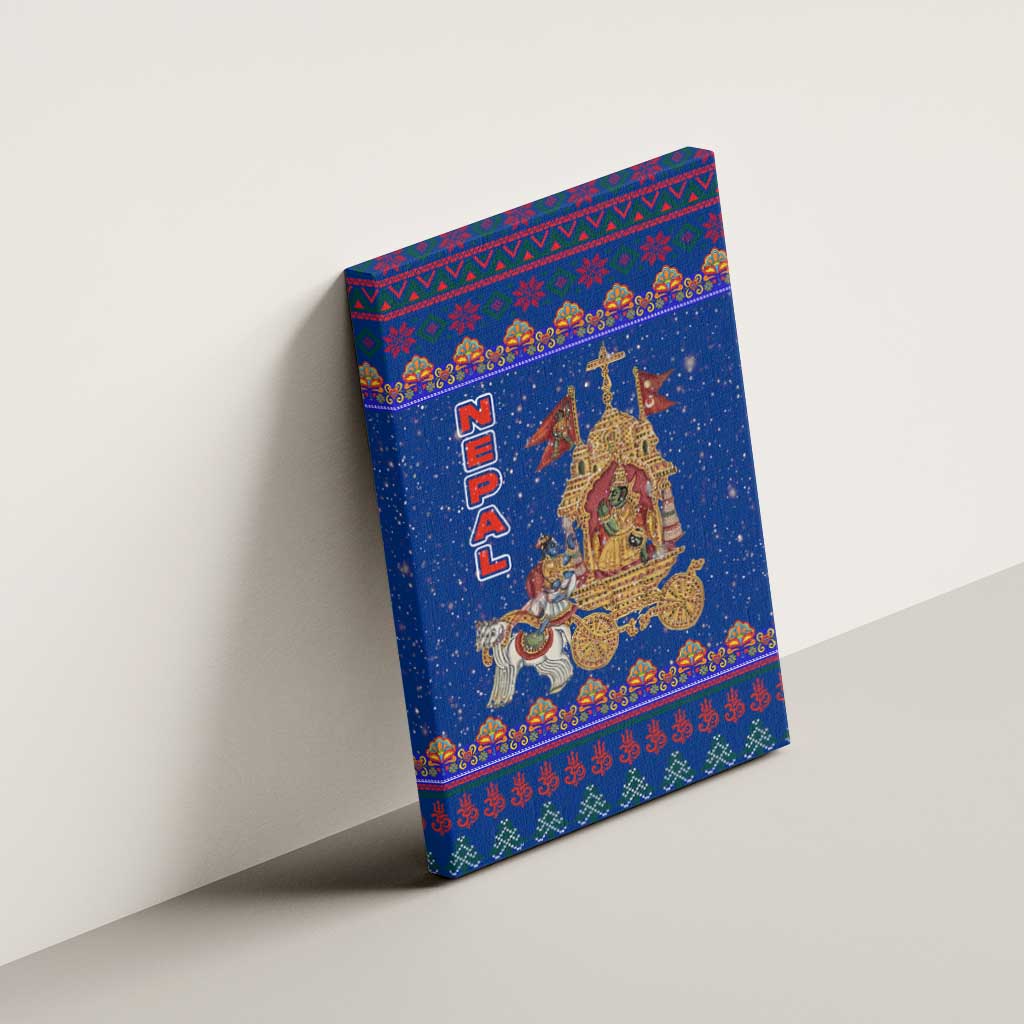 Nepal Christmas Canvas Wall Art with Blue-Red Pattern, Hindu Chariot Scene, and Om Symbol Motif - Wonder Print Shop