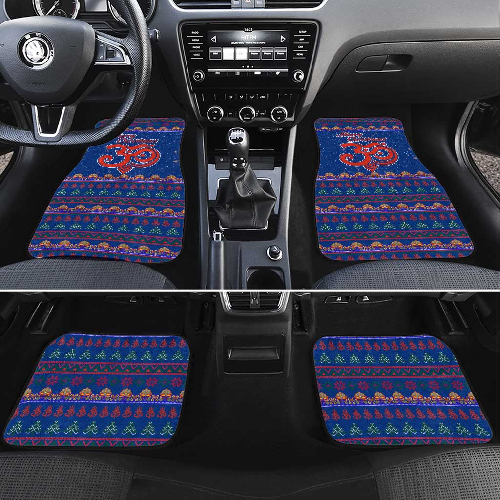 Nepal Christmas Car Mats with Blue-Red Pattern, Hindu Chariot Scene, and Om Symbol Motif - Wonder Print Shop
