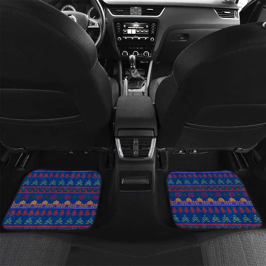 Nepal Christmas Car Mats with Blue-Red Pattern, Hindu Chariot Scene, and Om Symbol Motif - Wonder Print Shop