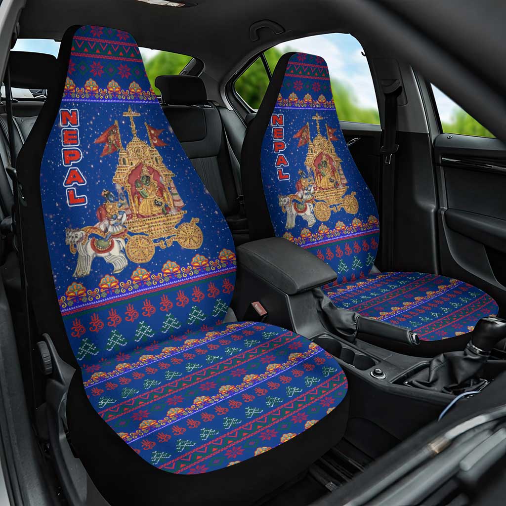 Nepal Christmas Car Seat Cover with Blue-Red Pattern, Hindu Chariot Scene, and Om Symbol Motif - Wonder Print Shop