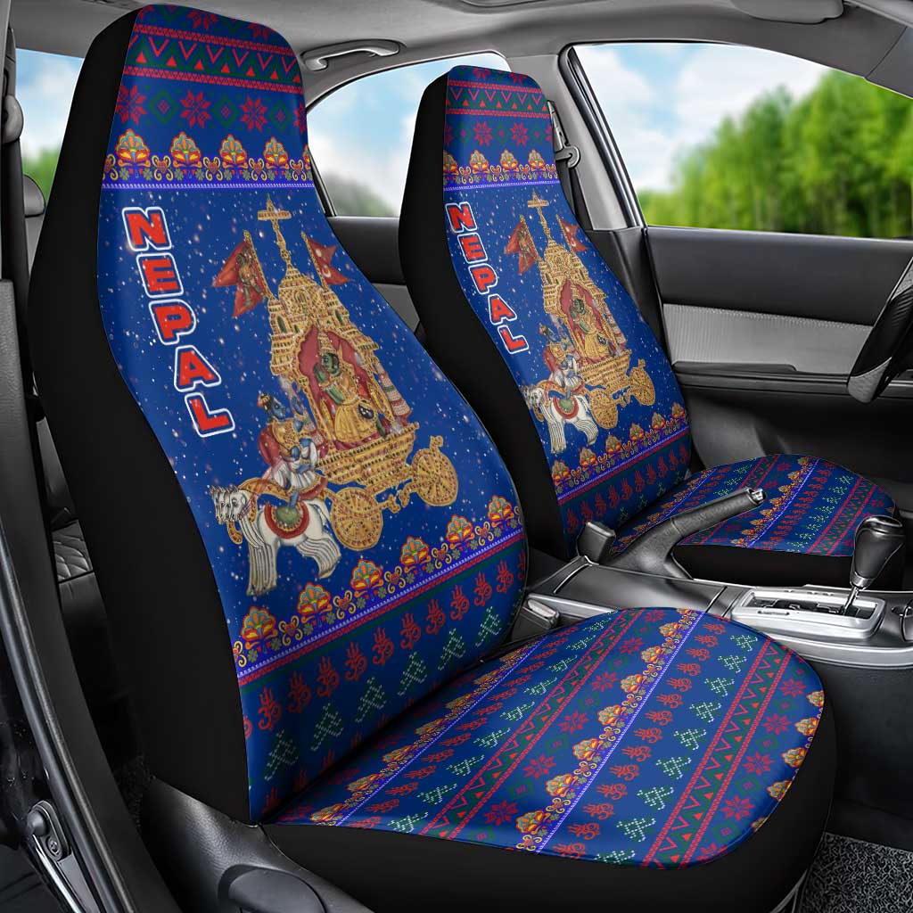 Nepal Christmas Car Seat Cover with Blue-Red Pattern, Hindu Chariot Scene, and Om Symbol Motif - Wonder Print Shop