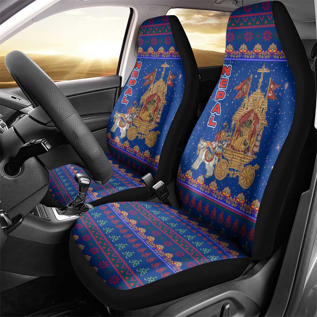 Nepal Christmas Car Seat Cover with Blue-Red Pattern, Hindu Chariot Scene, and Om Symbol Motif - Wonder Print Shop