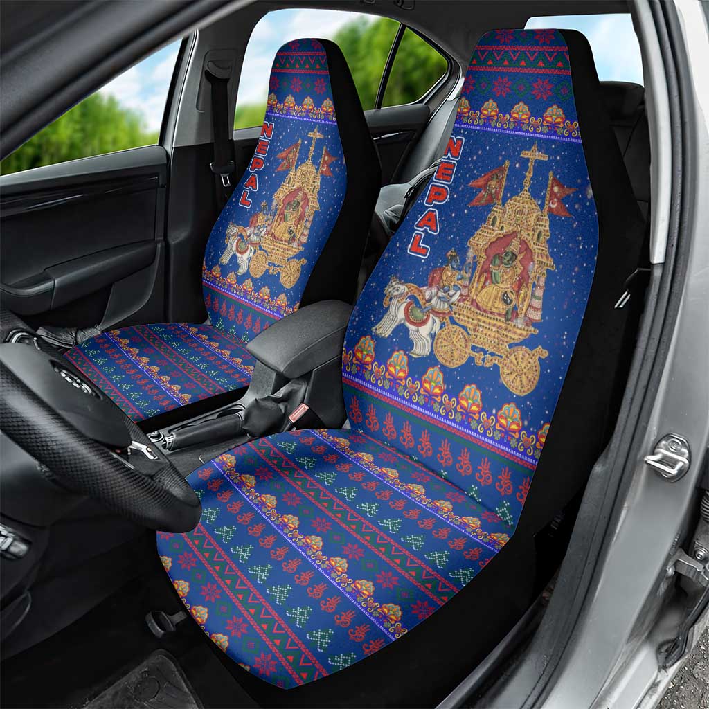 Nepal Christmas Car Seat Cover with Blue-Red Pattern, Hindu Chariot Scene, and Om Symbol Motif - Wonder Print Shop