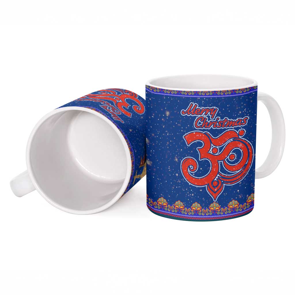 Nepal Christmas Ceramic Mug with Blue-Red Pattern, Hindu Chariot Scene, and Om Symbol Motif - Wonder Print Shop