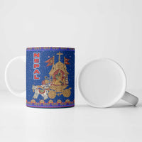 Nepal Christmas Ceramic Mug with Blue-Red Pattern, Hindu Chariot Scene, and Om Symbol Motif - Wonder Print Shop