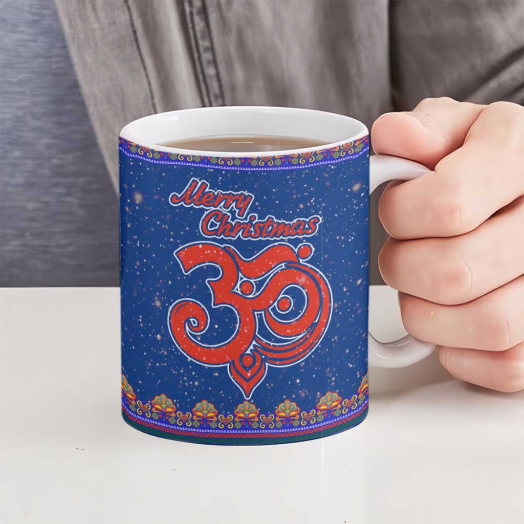 Nepal Christmas Ceramic Mug with Blue-Red Pattern, Hindu Chariot Scene, and Om Symbol Motif - Wonder Print Shop