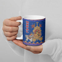 Nepal Christmas Ceramic Mug with Blue-Red Pattern, Hindu Chariot Scene, and Om Symbol Motif - Wonder Print Shop