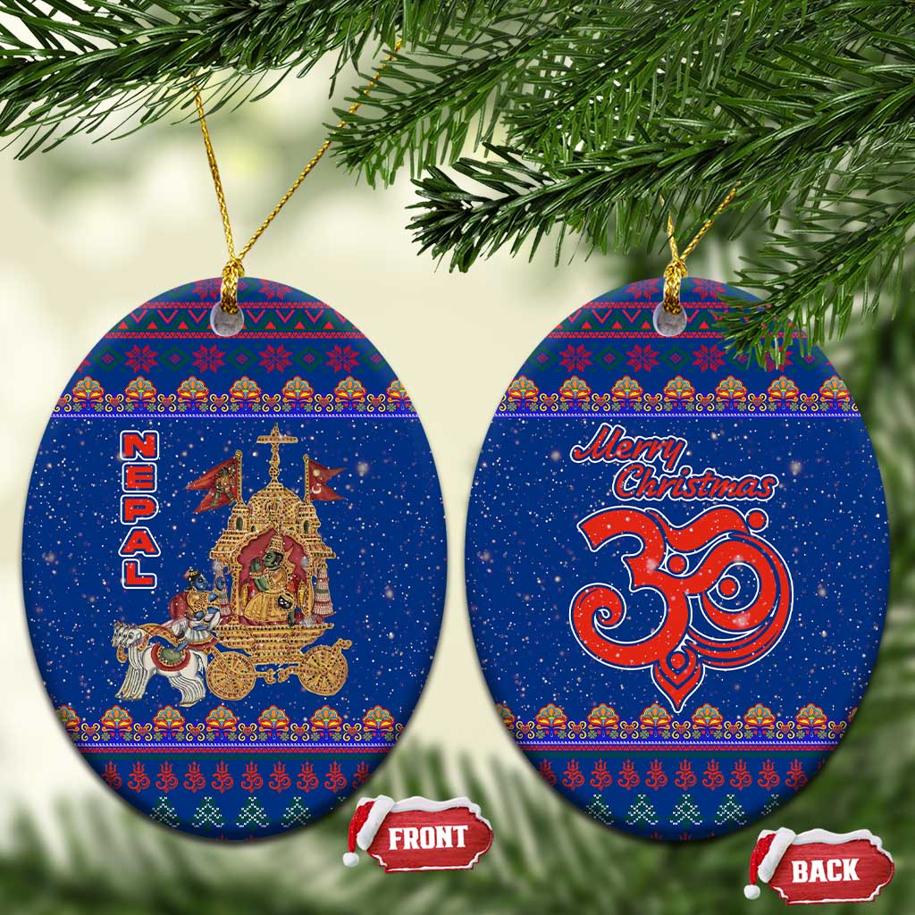 Nepal Christmas Ceramic Ornament with Blue-Red Pattern, Hindu Chariot Scene, and Om Symbol Motif - Wonder Print Shop
