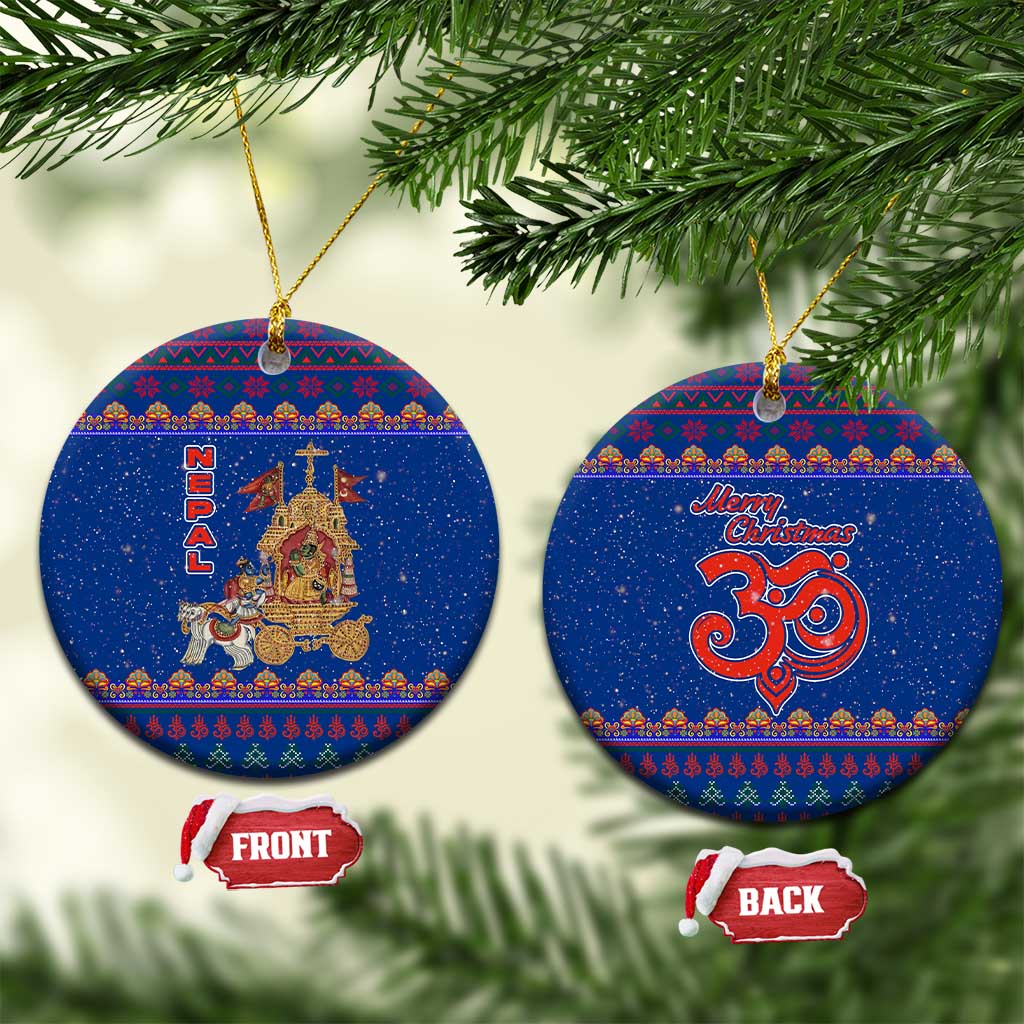 Nepal Christmas Ceramic Ornament with Blue-Red Pattern, Hindu Chariot Scene, and Om Symbol Motif - Wonder Print Shop