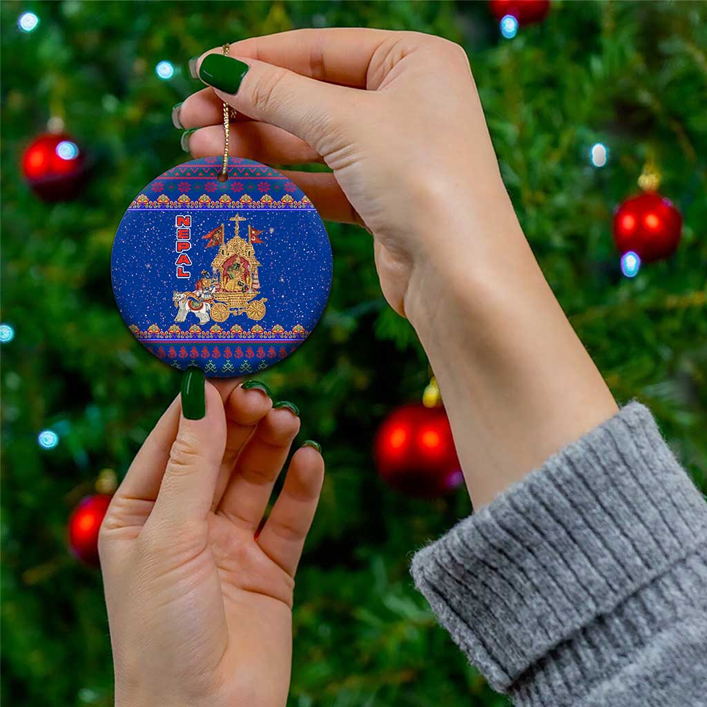 Nepal Christmas Ceramic Ornament with Blue-Red Pattern, Hindu Chariot Scene, and Om Symbol Motif - Wonder Print Shop