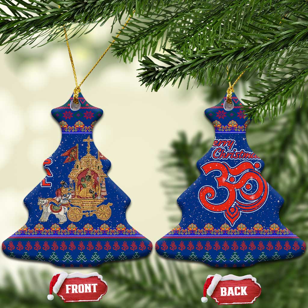 Nepal Christmas Ceramic Ornament with Blue-Red Pattern, Hindu Chariot Scene, and Om Symbol Motif - Wonder Print Shop