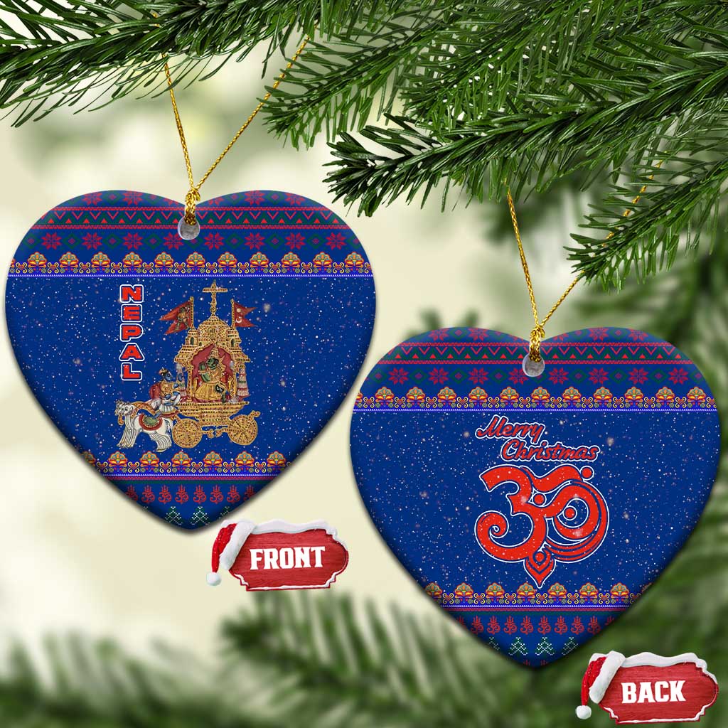 Nepal Christmas Ceramic Ornament with Blue-Red Pattern, Hindu Chariot Scene, and Om Symbol Motif - Wonder Print Shop