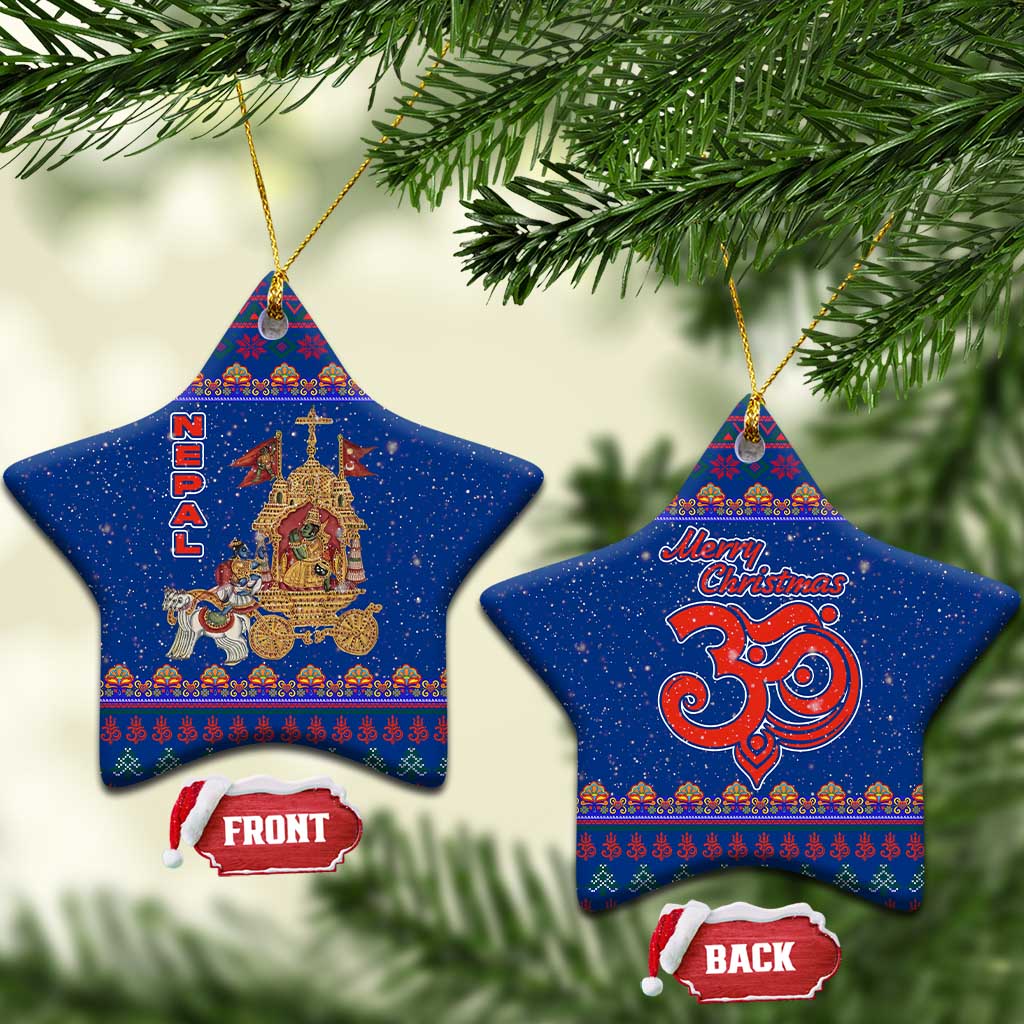Nepal Christmas Ceramic Ornament with Blue-Red Pattern, Hindu Chariot Scene, and Om Symbol Motif - Wonder Print Shop