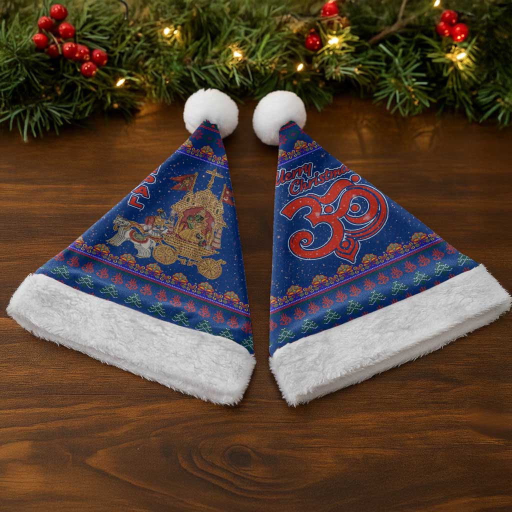 Nepal Christmas Santa Hat with Blue-Red Pattern, Hindu Chariot Scene, and Om Symbol Motif - Wonder Print Shop