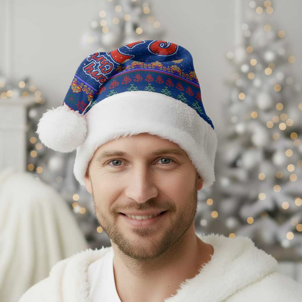 Nepal Christmas Santa Hat with Blue-Red Pattern, Hindu Chariot Scene, and Om Symbol Motif - Wonder Print Shop
