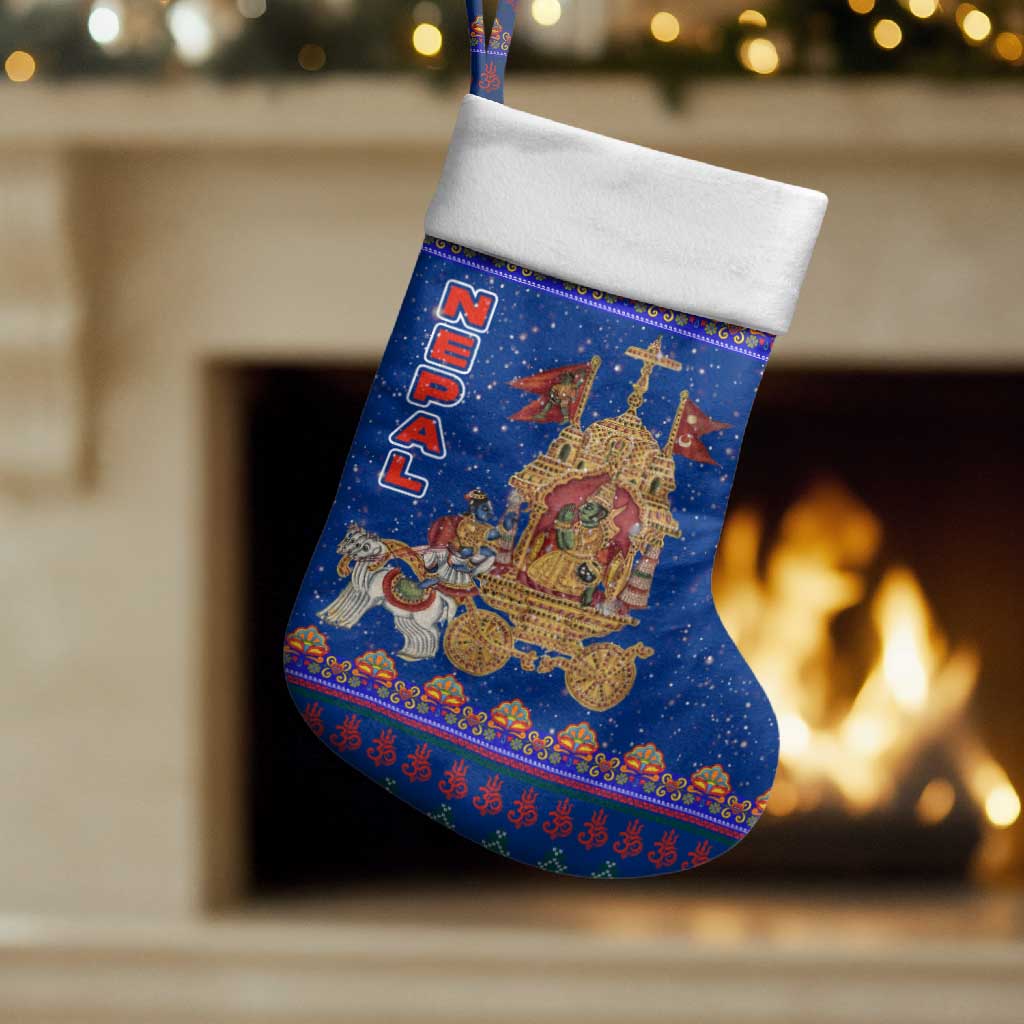Nepal Christmas Stocking with Blue-Red Pattern, Hindu Chariot Scene, and Om Symbol Motif - Wonder Print Shop