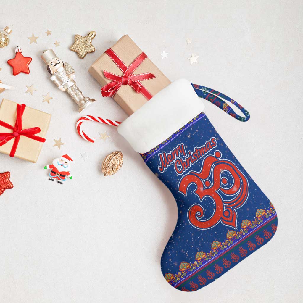 Nepal Christmas Stocking with Blue-Red Pattern, Hindu Chariot Scene, and Om Symbol Motif - Wonder Print Shop