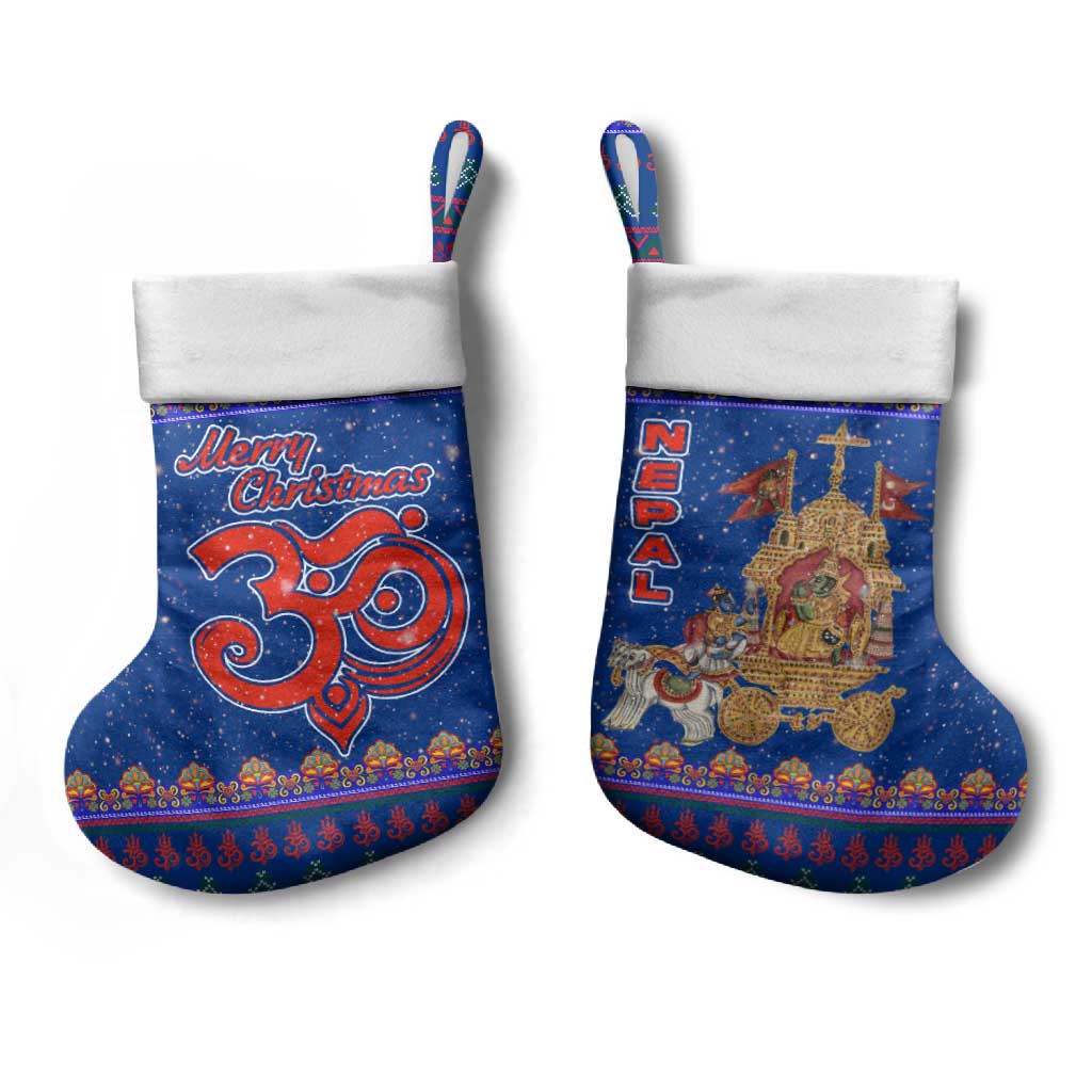 Nepal Christmas Stocking with Blue-Red Pattern, Hindu Chariot Scene, and Om Symbol Motif - Wonder Print Shop
