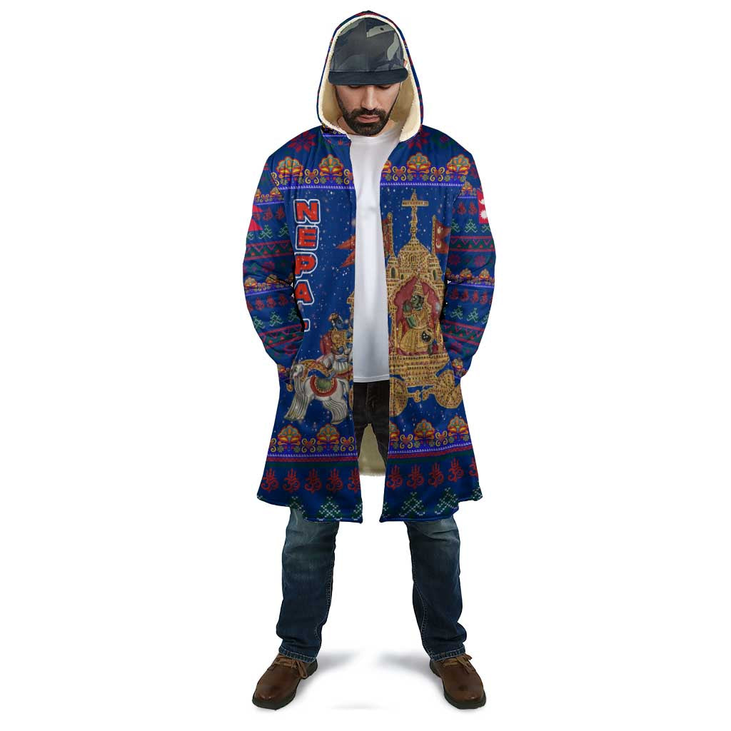 Nepal Christmas Cloak with Blue-Red Pattern, Hindu Chariot Scene, and Om Symbol Motif - Wonder Print Shop
