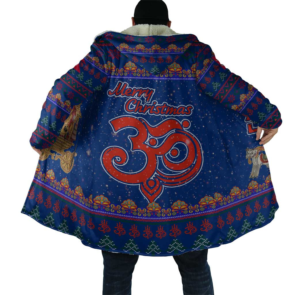 Nepal Christmas Cloak with Blue-Red Pattern, Hindu Chariot Scene, and Om Symbol Motif - Wonder Print Shop