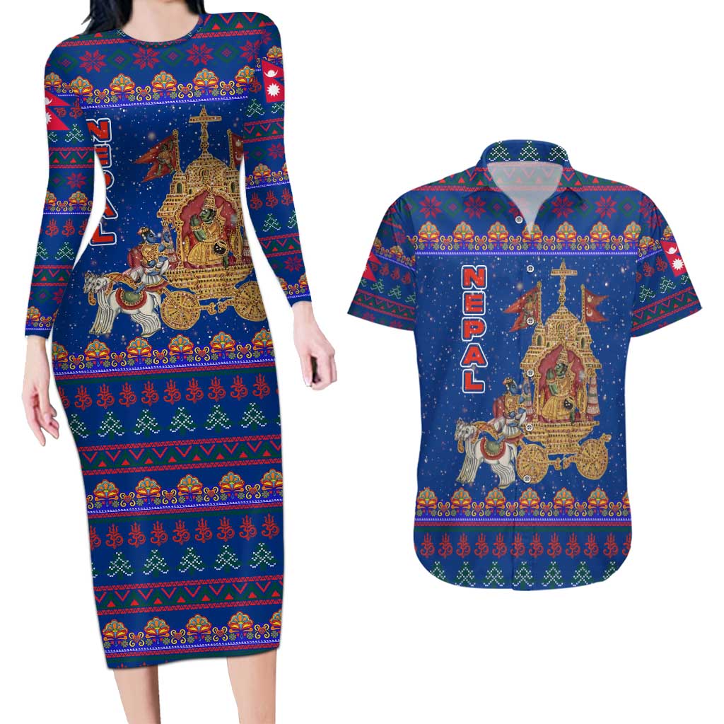 Nepal Christmas Couples Matching Long Sleeve Bodycon Dress and Hawaiian Shirt with Blue-Red Pattern, Hindu Chariot Scene, and Om Symbol Motif - Wonder Print Shop