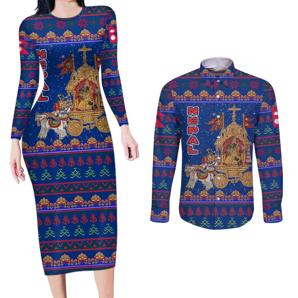 Nepal Christmas Couples Matching Long Sleeve Bodycon Dress and Long Sleeve Button Shirt with Blue-Red Pattern, Hindu Chariot Scene, and Om Symbol Motif - Wonder Print Shop